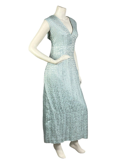 VTG 60S 70S BLUE SILVER GLITTERY LUREX PLUNGING EMPIRE SLEEVELESS MAXI DRESS 14