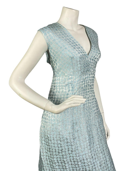 VTG 60S 70S BLUE SILVER GLITTERY LUREX PLUNGING EMPIRE SLEEVELESS MAXI DRESS 14