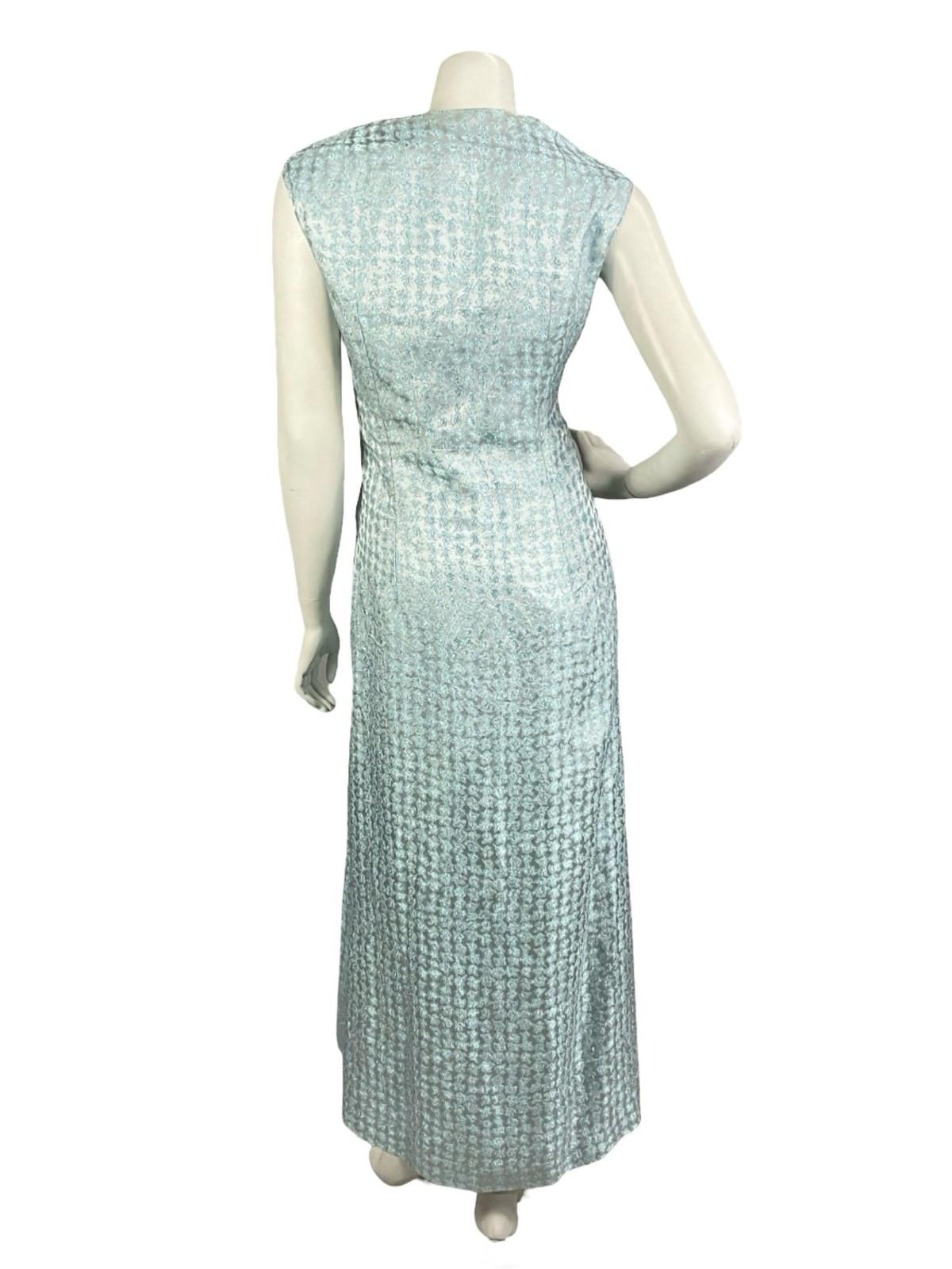 VTG 60S 70S BLUE SILVER GLITTERY LUREX PLUNGING EMPIRE SLEEVELESS MAXI DRESS 14