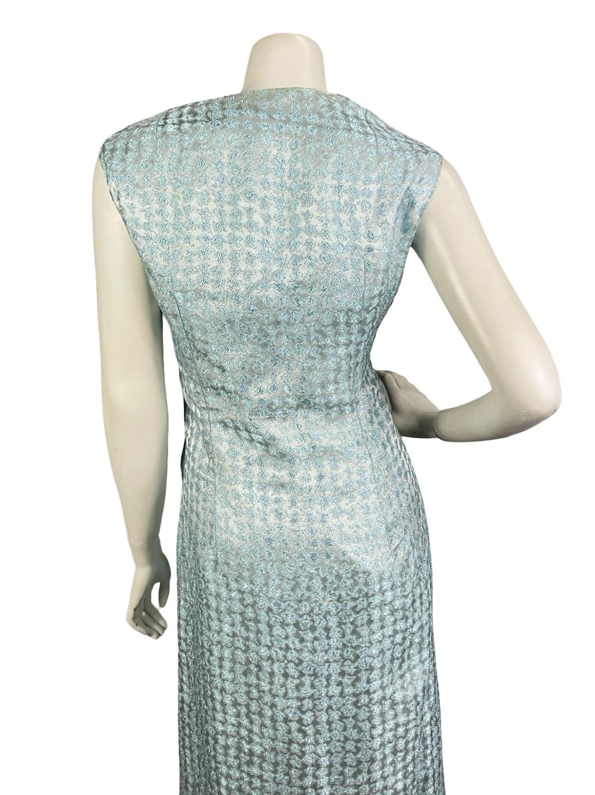 VTG 60S 70S BLUE SILVER GLITTERY LUREX PLUNGING EMPIRE SLEEVELESS MAXI DRESS 14