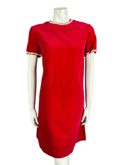 *VTG 60S 70S RED VELVET CREAM SEQUIN BEADED MOD SHIFT PARTY MINI DRESS 10