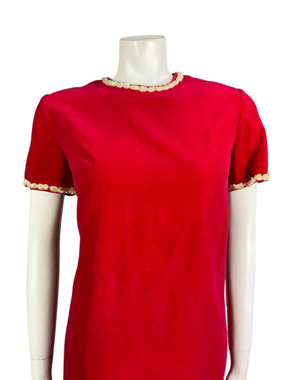 *VTG 60S 70S RED VELVET CREAM SEQUIN BEADED MOD SHIFT PARTY MINI DRESS 10