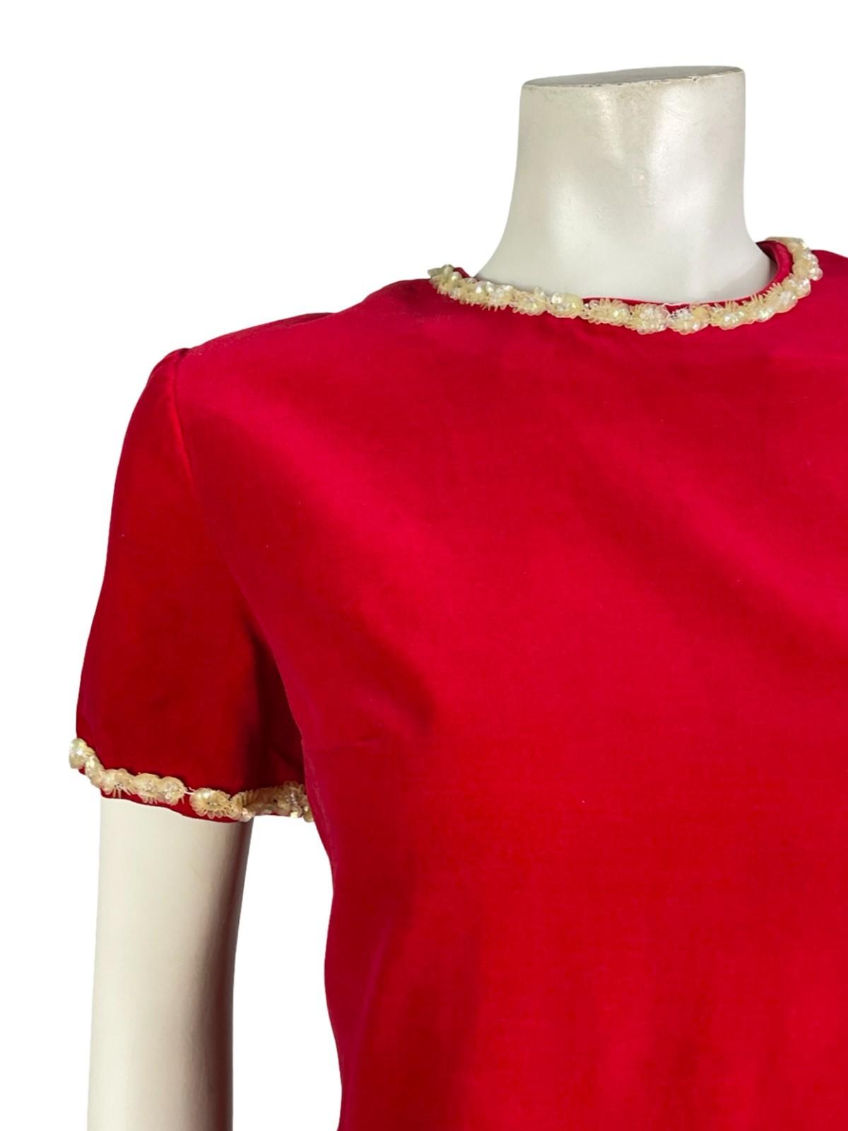 *VTG 60S 70S RED VELVET CREAM SEQUIN BEADED MOD SHIFT PARTY MINI DRESS 10