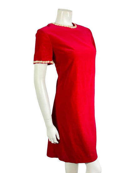 *VTG 60S 70S RED VELVET CREAM SEQUIN BEADED MOD SHIFT PARTY MINI DRESS 10