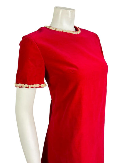 *VTG 60S 70S RED VELVET CREAM SEQUIN BEADED MOD SHIFT PARTY MINI DRESS 10