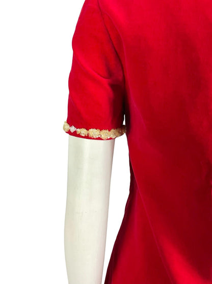 *VTG 60S 70S RED VELVET CREAM SEQUIN BEADED MOD SHIFT PARTY MINI DRESS 10