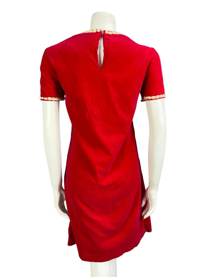 *VTG 60S 70S RED VELVET CREAM SEQUIN BEADED MOD SHIFT PARTY MINI DRESS 10