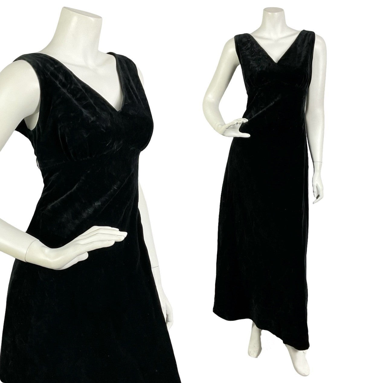 Mannequin wears a vintage 60s 70s sleeveless black velvet empire maxi dress with a plunging neckline. 