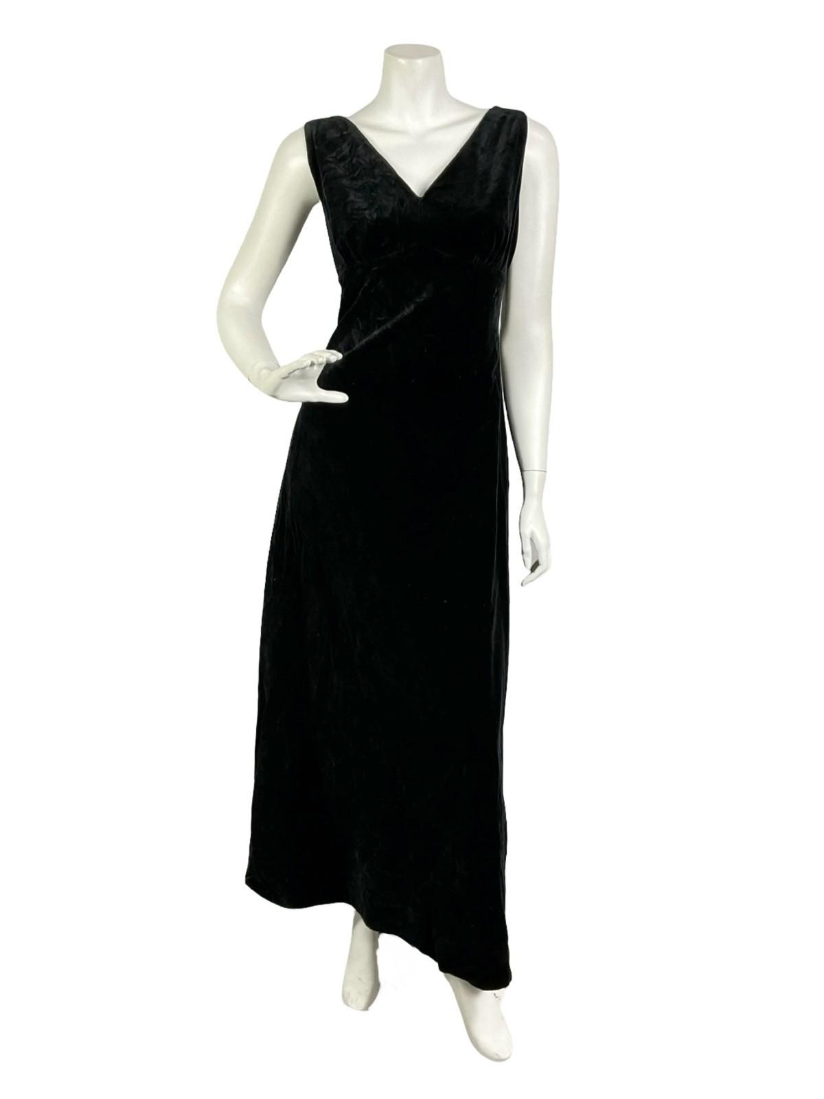VTG 60S 70S BLACK VELVET PLUNGING V NECK EMPIRE CLASSIC MAXI DRESS 10