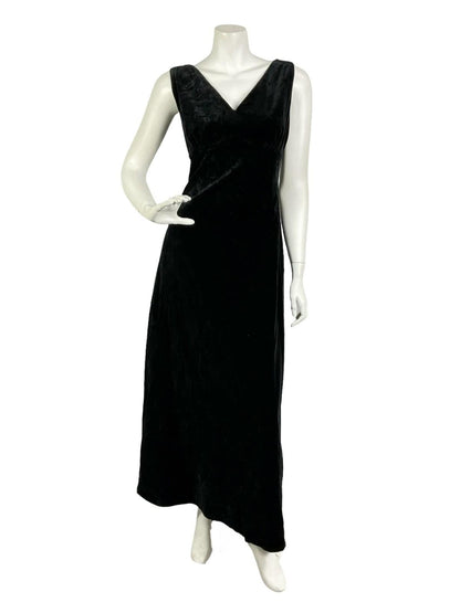 VTG 60S 70S BLACK VELVET PLUNGING V NECK EMPIRE CLASSIC MAXI DRESS 10