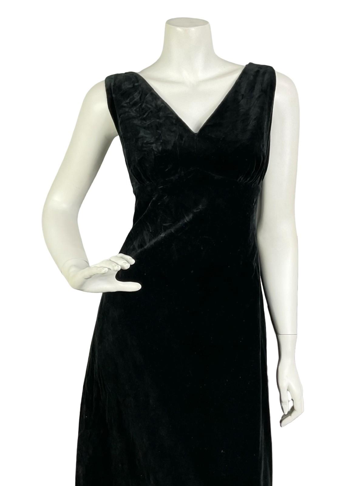 VTG 60S 70S BLACK VELVET PLUNGING V NECK EMPIRE CLASSIC MAXI DRESS 10