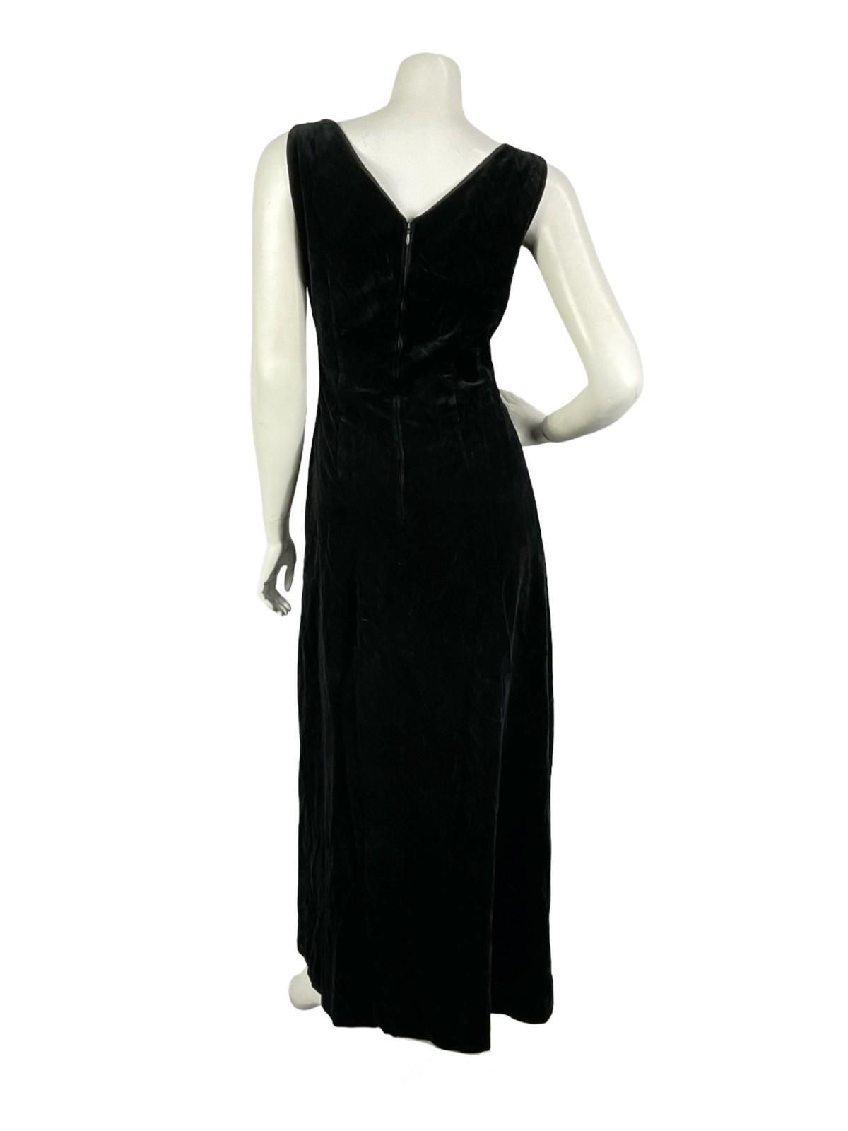 VTG 60S 70S BLACK VELVET PLUNGING V NECK EMPIRE CLASSIC MAXI DRESS 10