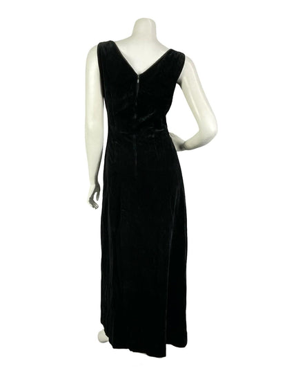 VTG 60S 70S BLACK VELVET PLUNGING V NECK EMPIRE CLASSIC MAXI DRESS 10
