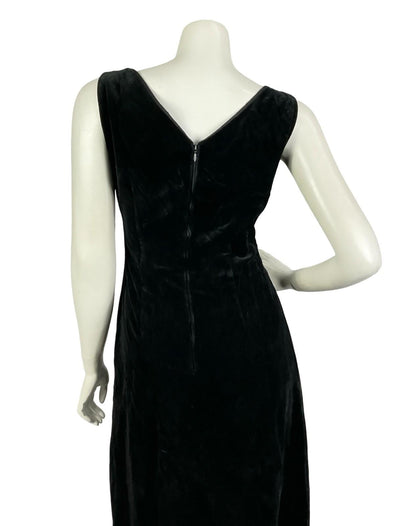 VTG 60S 70S BLACK VELVET PLUNGING V NECK EMPIRE CLASSIC MAXI DRESS 10