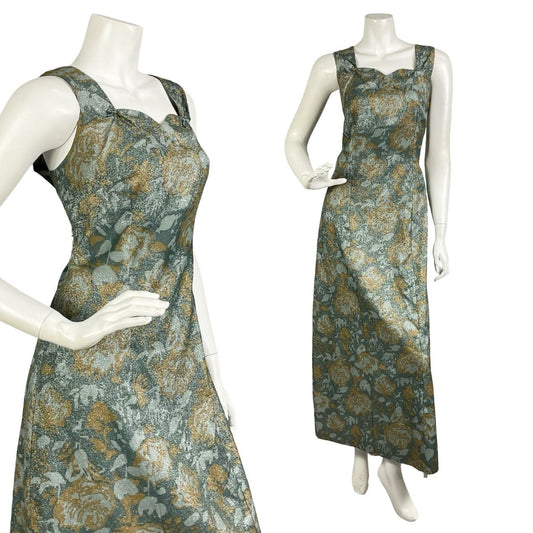 VTG 60S 70S GREEN BEIGE LUREX GLITTERY SWEETHEART FLORAL ROSE MAXI DRESS 14
