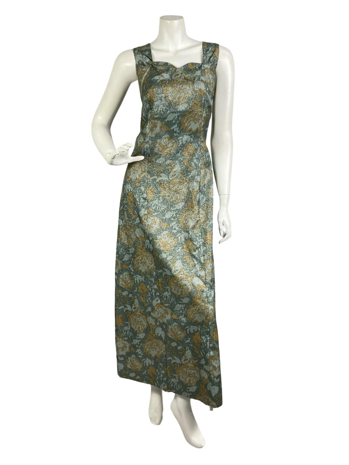 VTG 60S 70S GREEN BEIGE LUREX GLITTERY SWEETHEART FLORAL ROSE MAXI DRESS 14