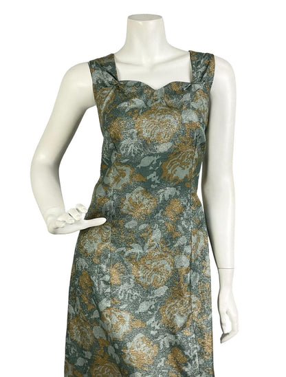 VTG 60S 70S GREEN BEIGE LUREX GLITTERY SWEETHEART FLORAL ROSE MAXI DRESS 14
