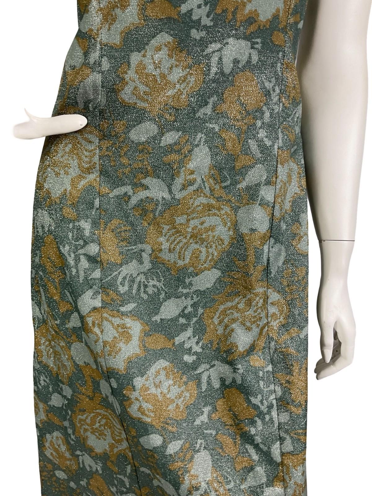 VTG 60S 70S GREEN BEIGE LUREX GLITTERY SWEETHEART FLORAL ROSE MAXI DRESS 14