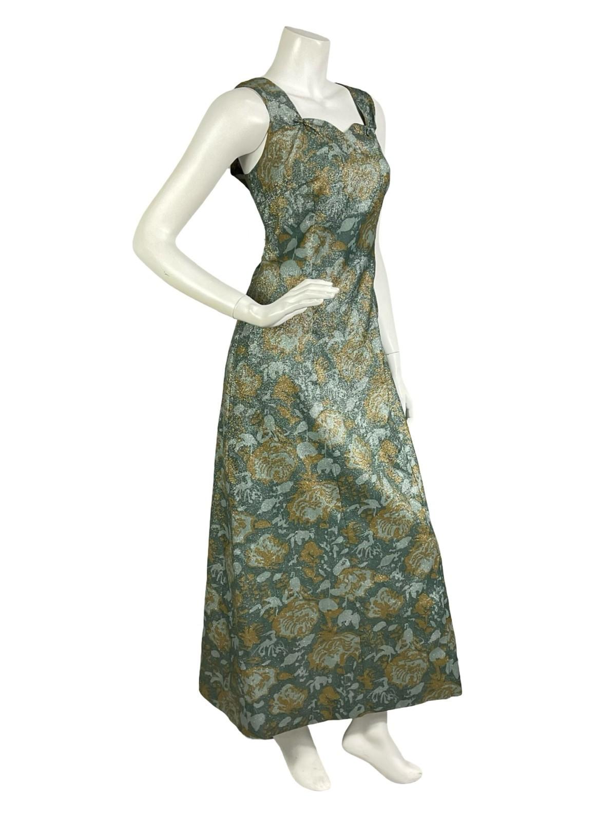 VTG 60S 70S GREEN BEIGE LUREX GLITTERY SWEETHEART FLORAL ROSE MAXI DRESS 14