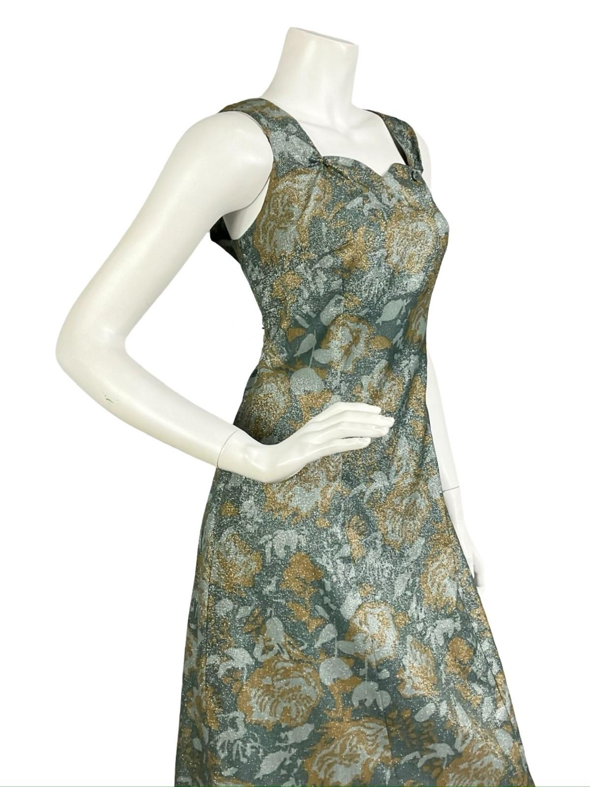 VTG 60S 70S GREEN BEIGE LUREX GLITTERY SWEETHEART FLORAL ROSE MAXI DRESS 14