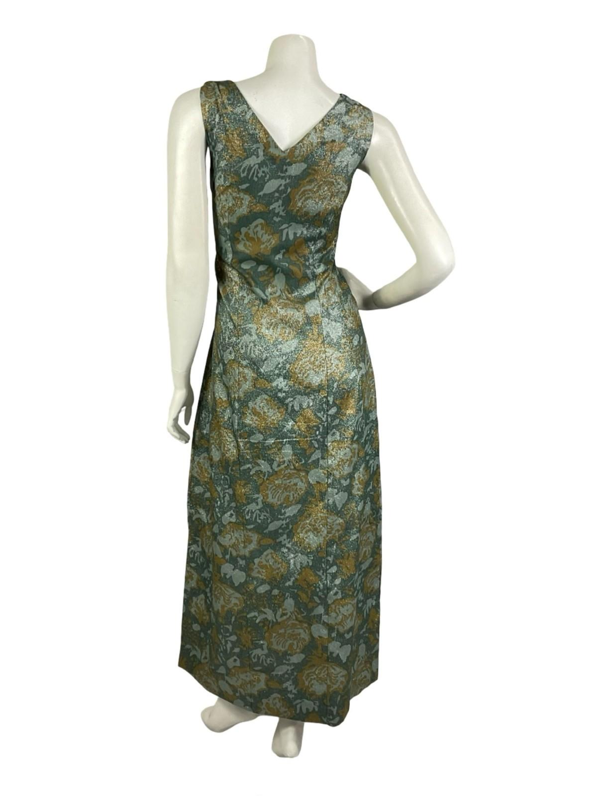 VTG 60S 70S GREEN BEIGE LUREX GLITTERY SWEETHEART FLORAL ROSE MAXI DRESS 14