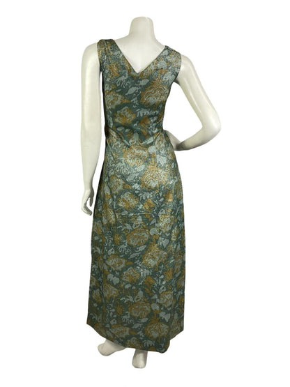 VTG 60S 70S GREEN BEIGE LUREX GLITTERY SWEETHEART FLORAL ROSE MAXI DRESS 14