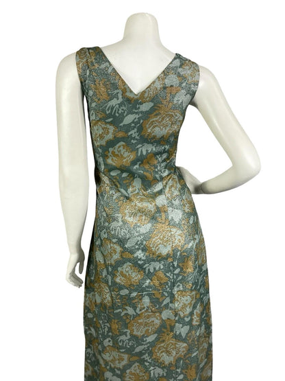 VTG 60S 70S GREEN BEIGE LUREX GLITTERY SWEETHEART FLORAL ROSE MAXI DRESS 14