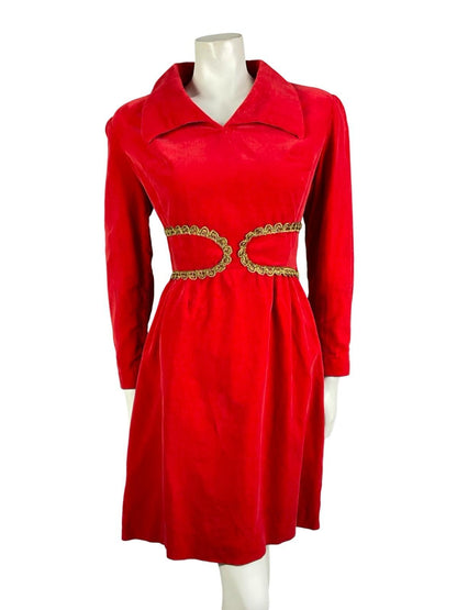 VTG 60S 70S RED GOLD VELVET MEDIEVAL TRIM DAGGER SHIRT PARTY DRESS 10 12