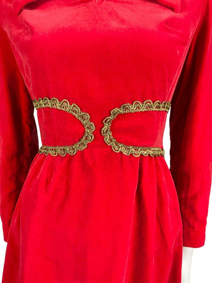VTG 60S 70S RED GOLD VELVET MEDIEVAL TRIM DAGGER SHIRT PARTY DRESS 10 12