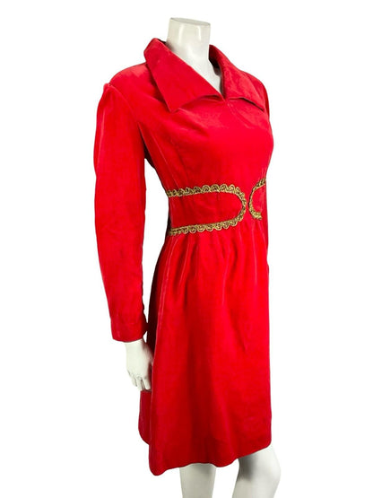 VTG 60S 70S RED GOLD VELVET MEDIEVAL TRIM DAGGER SHIRT PARTY DRESS 10 12