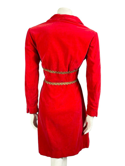 VTG 60S 70S RED GOLD VELVET MEDIEVAL TRIM DAGGER SHIRT PARTY DRESS 10 12