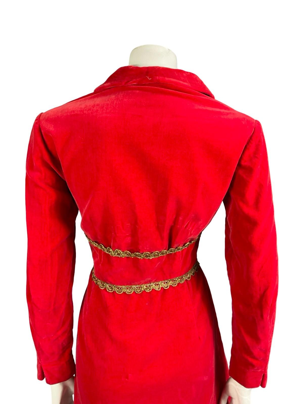 VTG 60S 70S RED GOLD VELVET MEDIEVAL TRIM DAGGER SHIRT PARTY DRESS 10 12