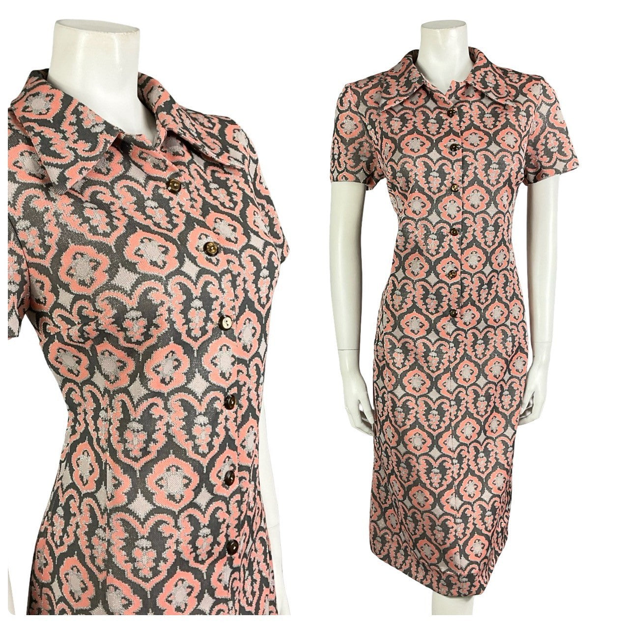 Mannequin wears a coral, grey and silver tile printed mod shirt dress. 