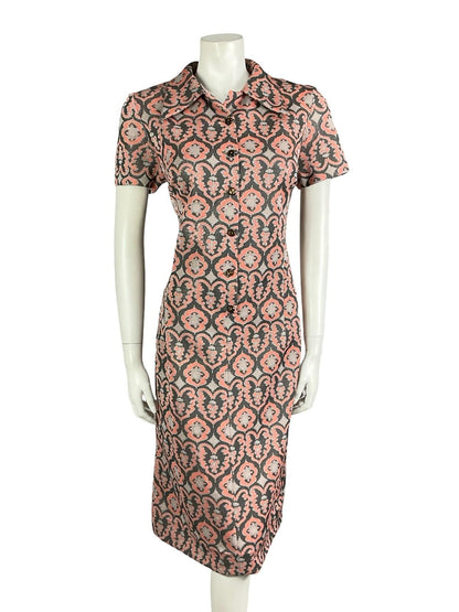 VTG 60S 70S CORAL GREY SILVER LUREX GLITTERY ORNATE DAGGER PARTY SHIRT DRESS 8