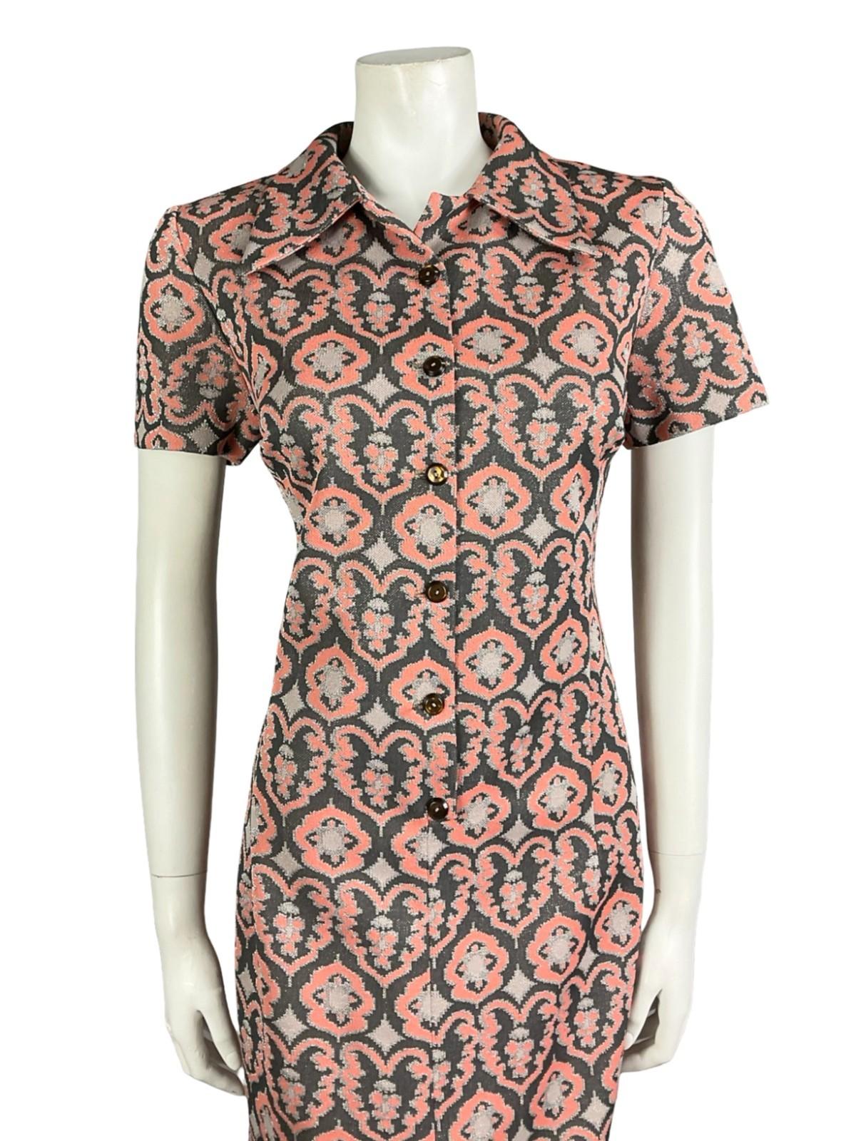 VTG 60S 70S CORAL GREY SILVER LUREX GLITTERY ORNATE DAGGER PARTY SHIRT DRESS 8