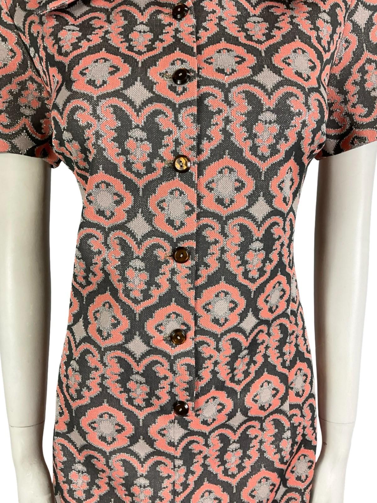 VTG 60S 70S CORAL GREY SILVER LUREX GLITTERY ORNATE DAGGER PARTY SHIRT DRESS 8