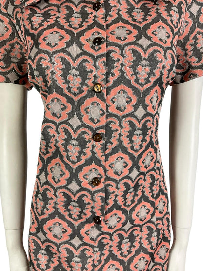 VTG 60S 70S CORAL GREY SILVER LUREX GLITTERY ORNATE DAGGER PARTY SHIRT DRESS 8