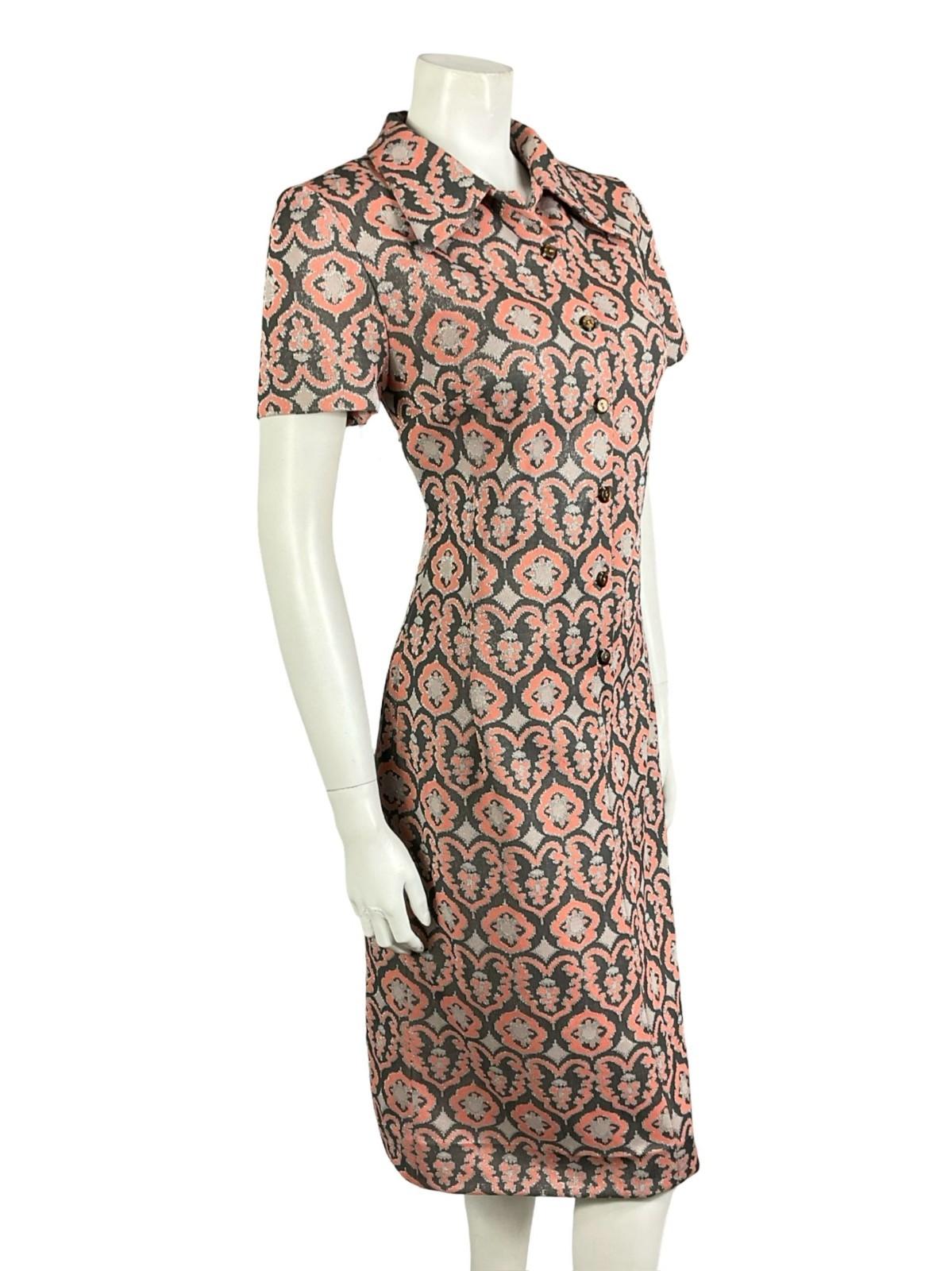 VTG 60S 70S CORAL GREY SILVER LUREX GLITTERY ORNATE DAGGER PARTY SHIRT DRESS 8