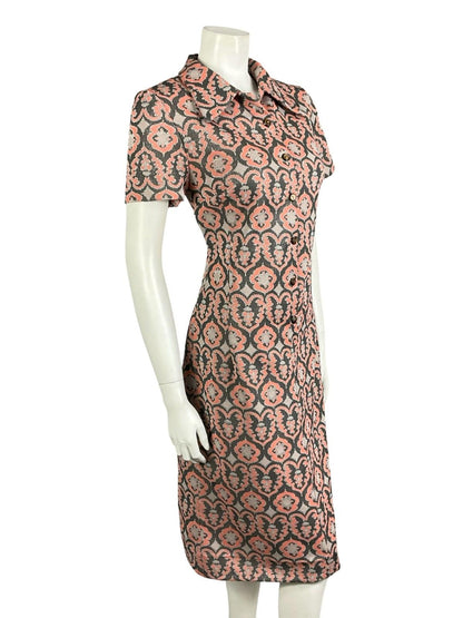 VTG 60S 70S CORAL GREY SILVER LUREX GLITTERY ORNATE DAGGER PARTY SHIRT DRESS 8