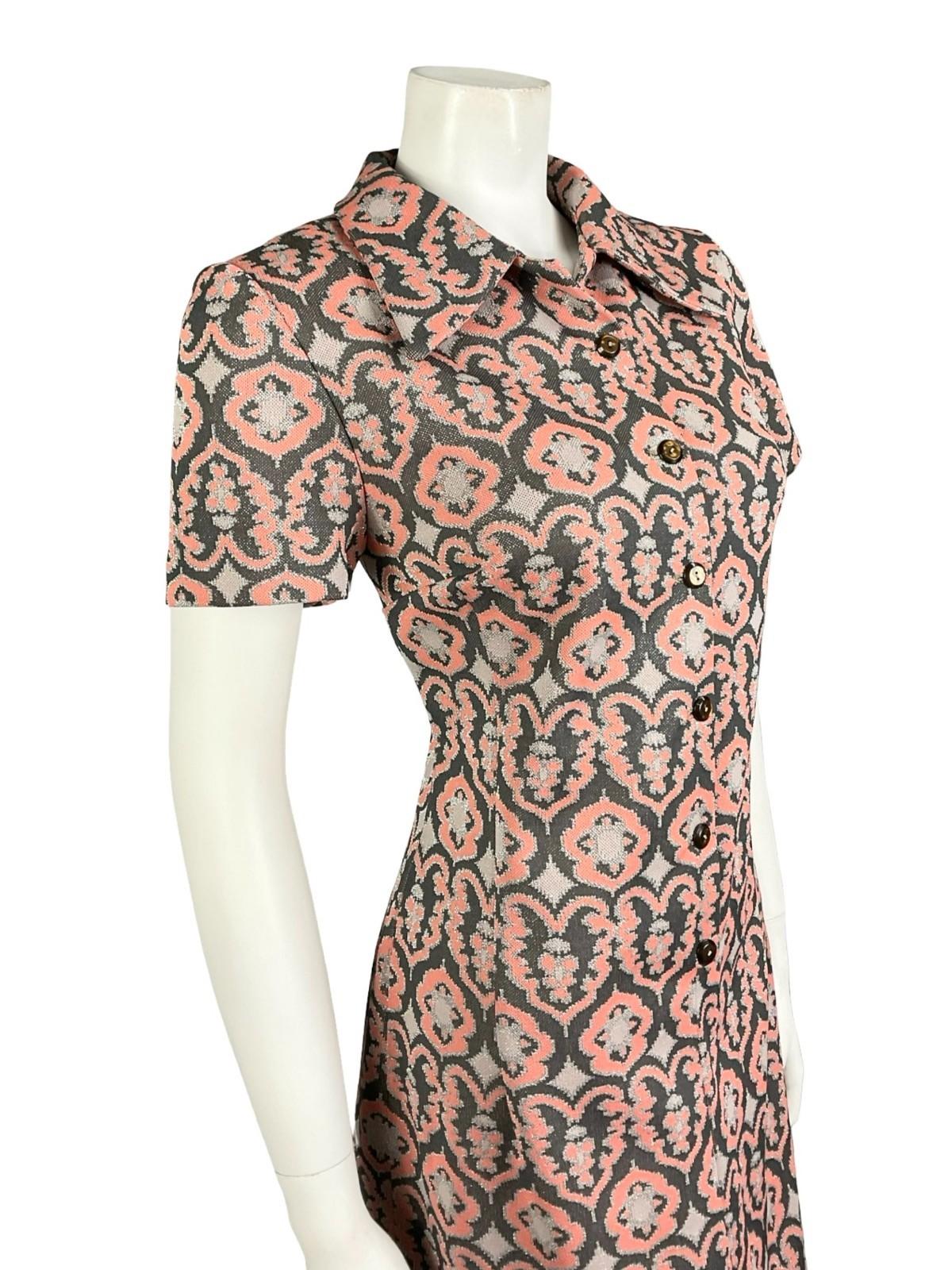 VTG 60S 70S CORAL GREY SILVER LUREX GLITTERY ORNATE DAGGER PARTY SHIRT DRESS 8