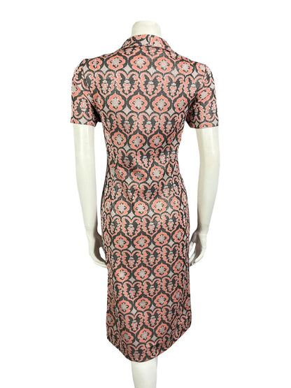 VTG 60S 70S CORAL GREY SILVER LUREX GLITTERY ORNATE DAGGER PARTY SHIRT DRESS 8