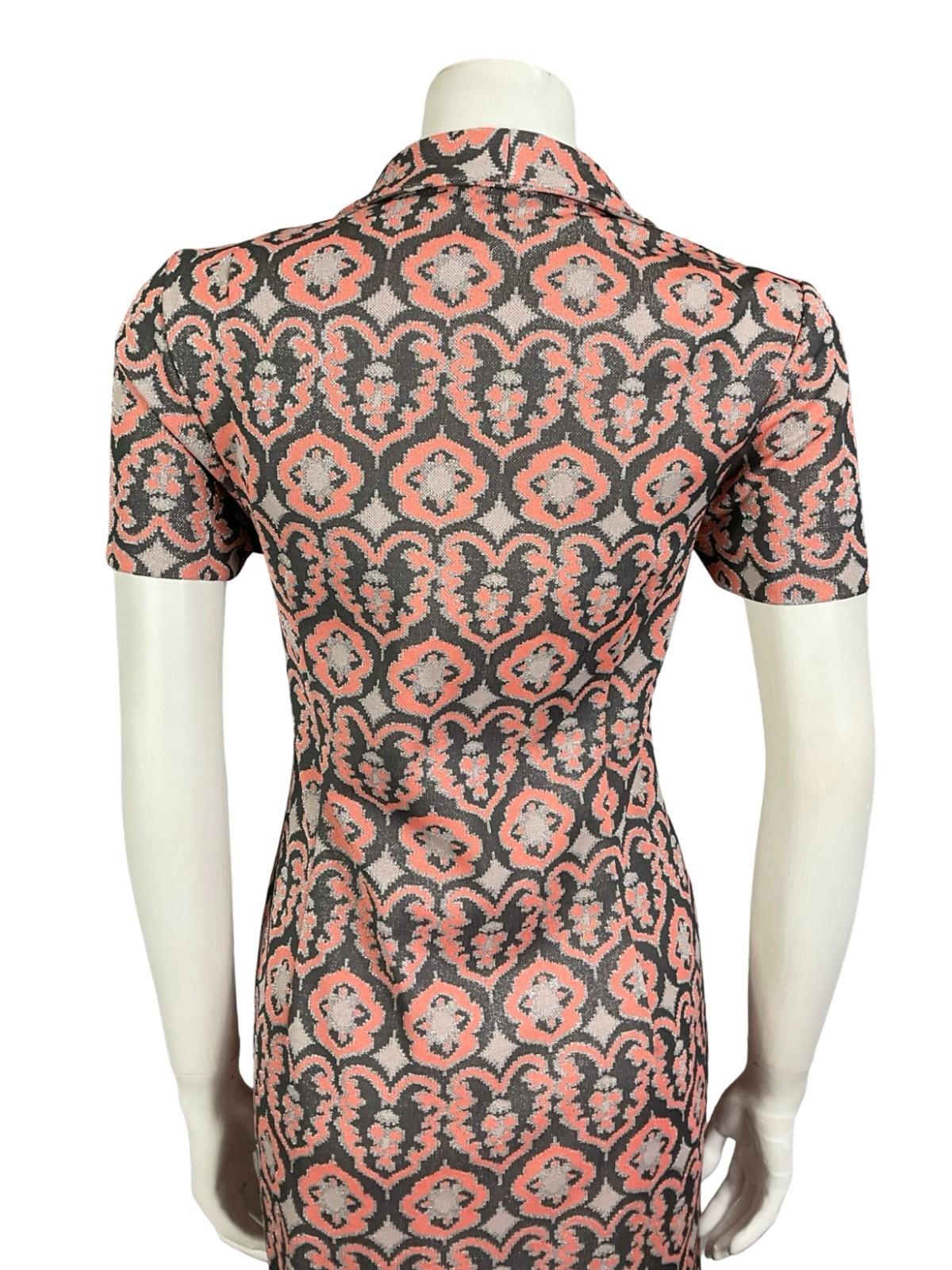 VTG 60S 70S CORAL GREY SILVER LUREX GLITTERY ORNATE DAGGER PARTY SHIRT DRESS 8