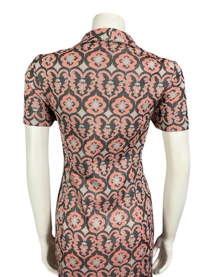 VTG 60S 70S CORAL GREY SILVER LUREX GLITTERY ORNATE DAGGER PARTY SHIRT DRESS 8
