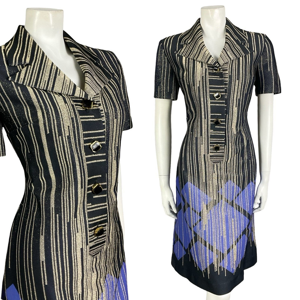Mannequin wears a black, gold and purple short sleeved shirt dress with a striped geometric print. 