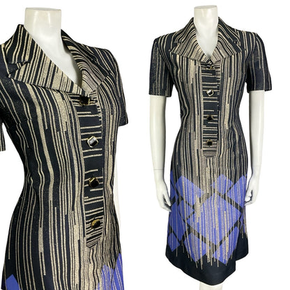 Mannequin wears a black, gold and purple short sleeved shirt dress with a striped geometric print. 