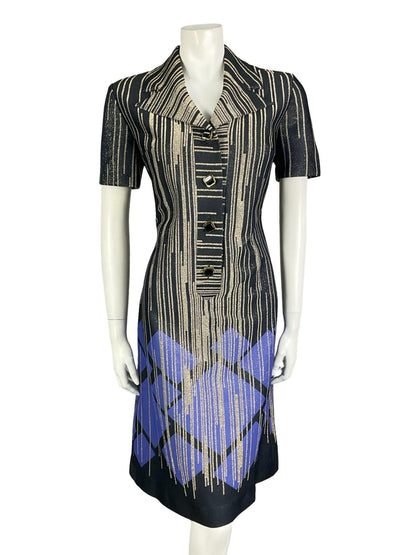 VTG 60S 70S BLACK GOLD PURPLE GLITTERY GEOMETRIC LUREX STRIPED SHIRT DRESS 14