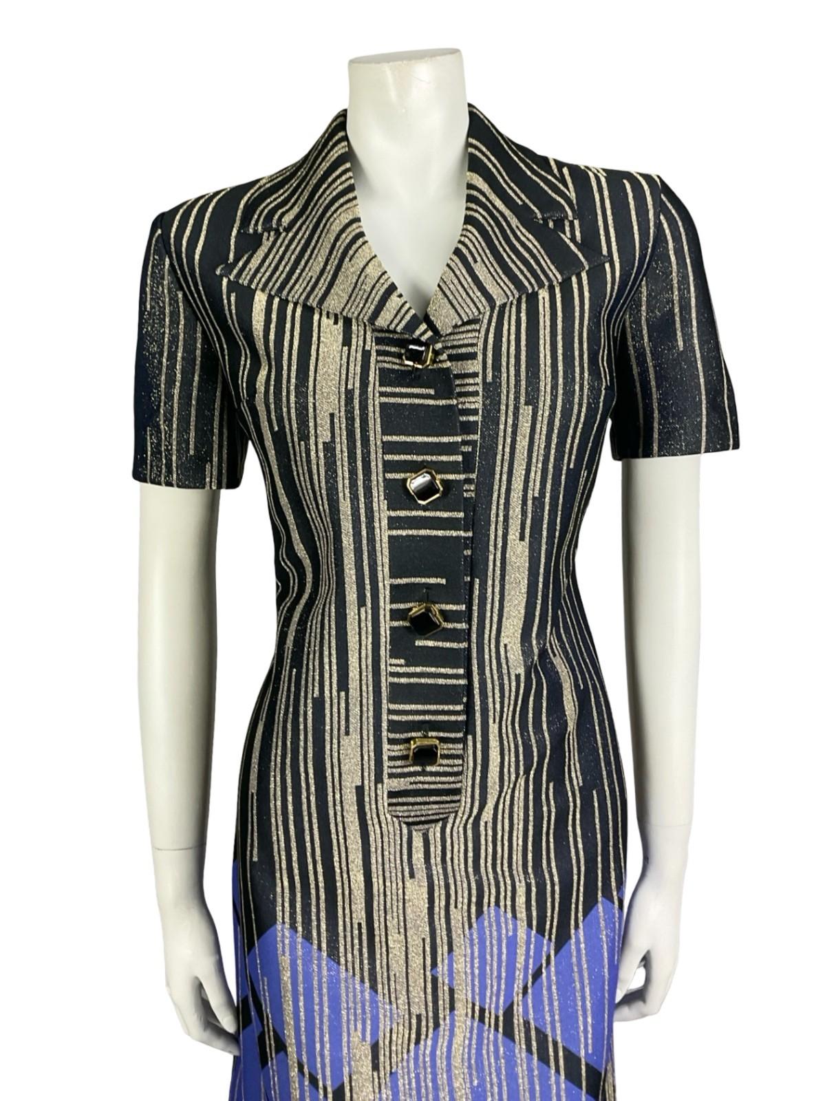 VTG 60S 70S BLACK GOLD PURPLE GLITTERY GEOMETRIC LUREX STRIPED SHIRT DRESS 14