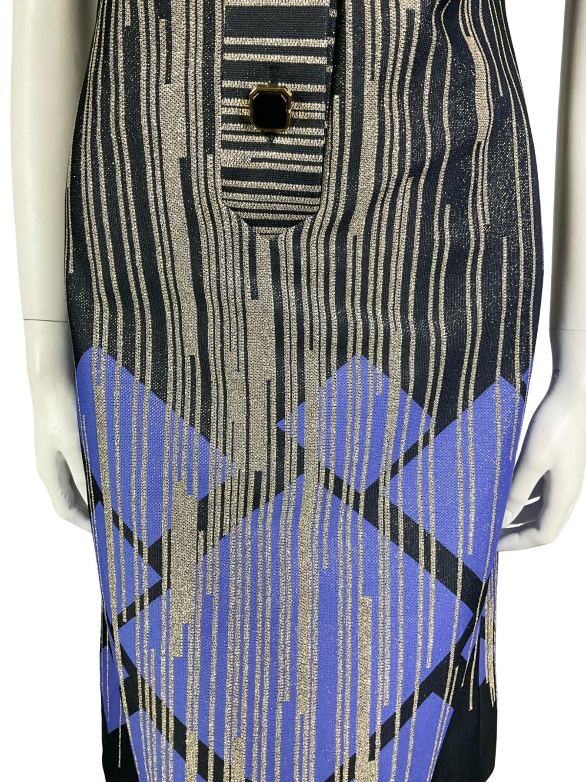 VTG 60S 70S BLACK GOLD PURPLE GLITTERY GEOMETRIC LUREX STRIPED SHIRT DRESS 14