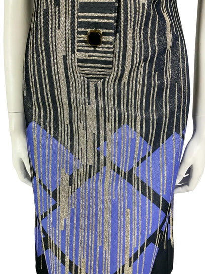VTG 60S 70S BLACK GOLD PURPLE GLITTERY GEOMETRIC LUREX STRIPED SHIRT DRESS 14