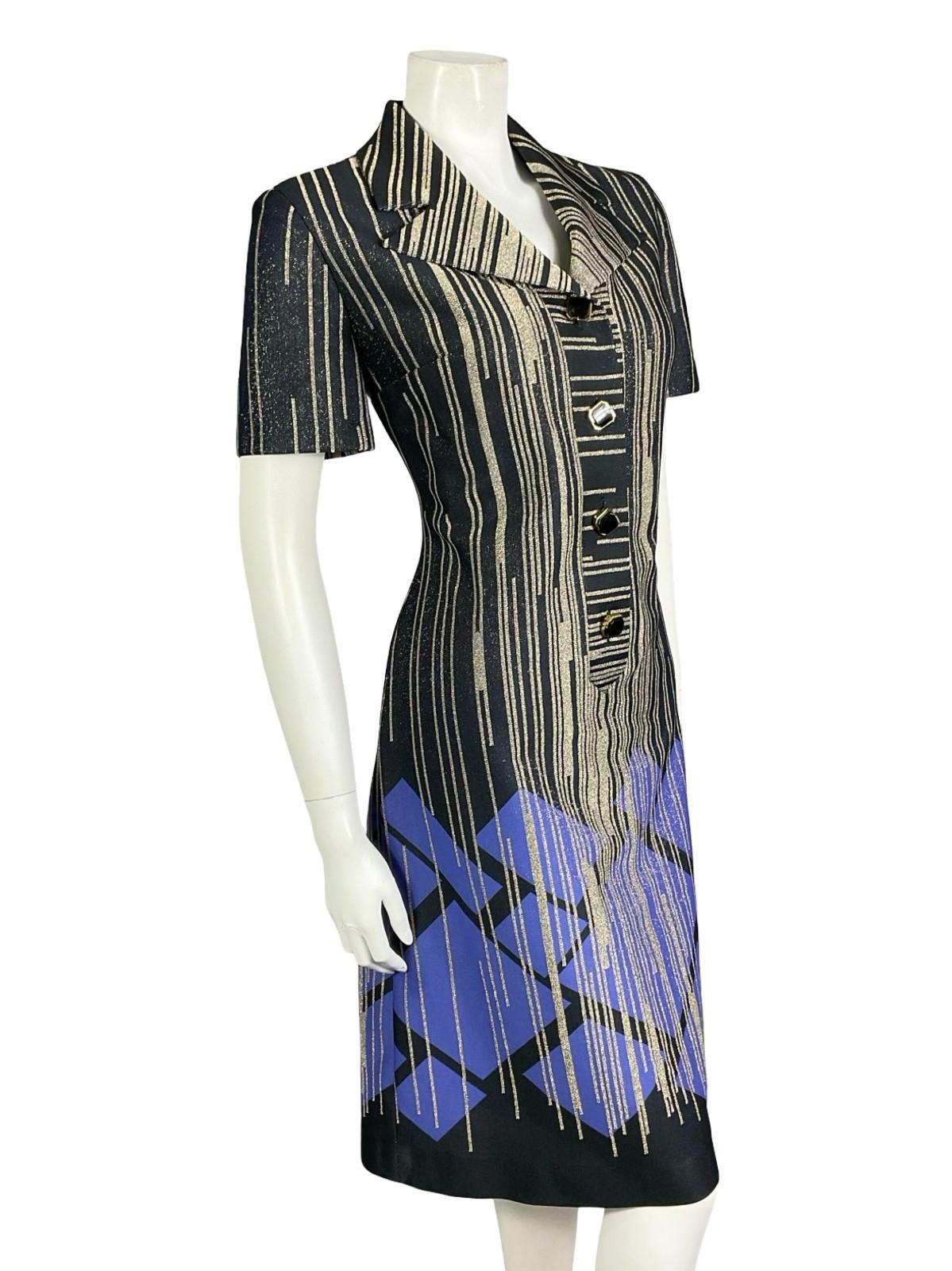 VTG 60S 70S BLACK GOLD PURPLE GLITTERY GEOMETRIC LUREX STRIPED SHIRT DRESS 14